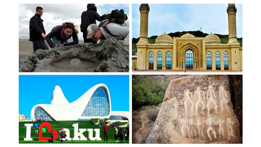A volcanic crater, a mosque, a modern building, and ancient rock art. 1