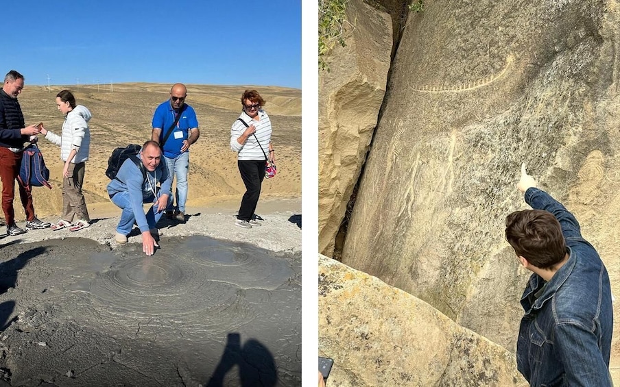 A group of people observing a large circular rock formation and a person examining a rock face with a trail. 2
