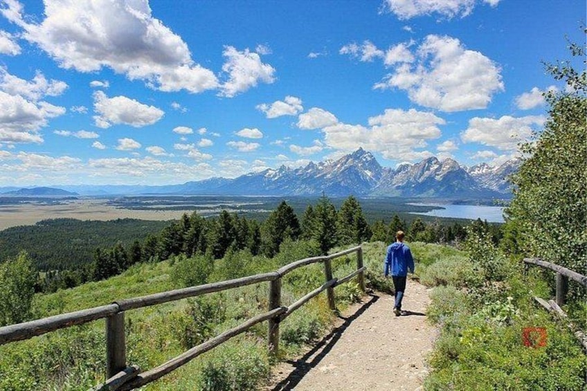 Una persona cammina su un sentiero sterrato con una ringhiera di legno, circondata da vegetazione e montagne sullo sfondo. 5