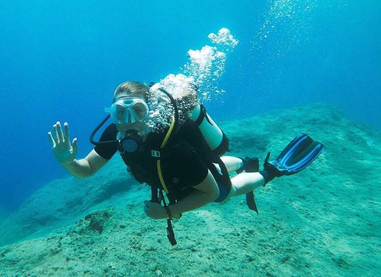 A person scuba diving underwater. 3