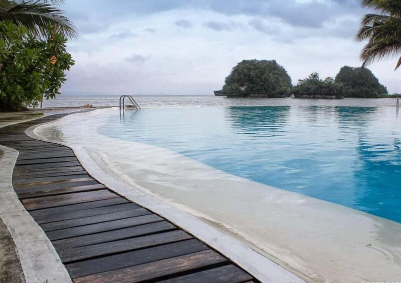 A curved infinity pool with a wooden deck, surrounded by palm trees and a view of the sea and small islands. 1