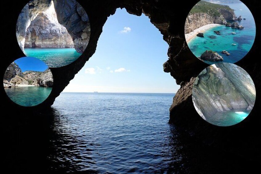 Eingang einer Küstenhöhle mit klarem, blauen Wasser und Felsformationen. 1