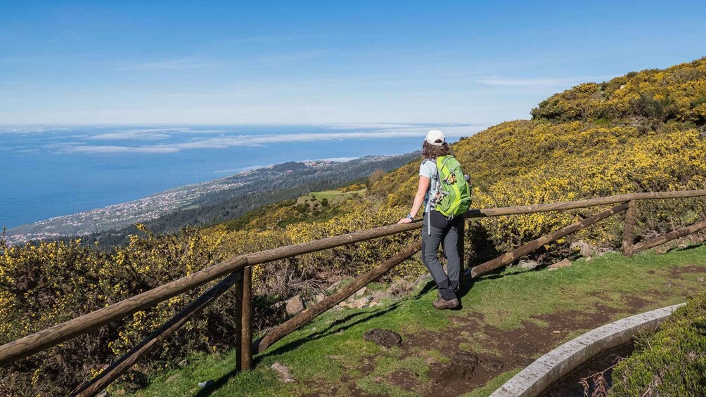 A hiker on a trail with a scenic view of a coastal town and mountains. 3