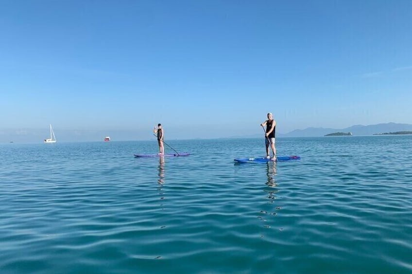 Two people paddleboarding on calm sea water with a sailboat and distant land in the background. 4