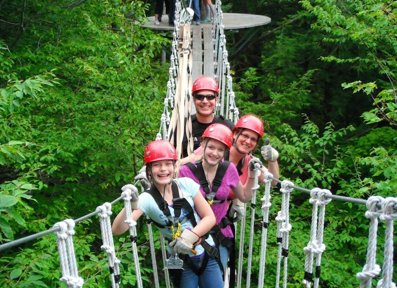 A group of people on a rope bridge in a forest. 4