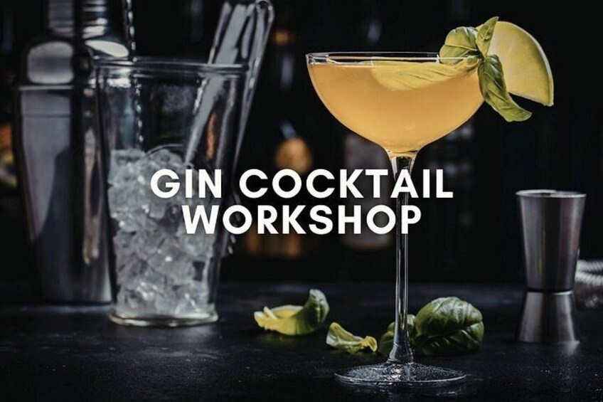 A gin cocktail workshop with a martini glass, ice, and cocktail shaker. 2
