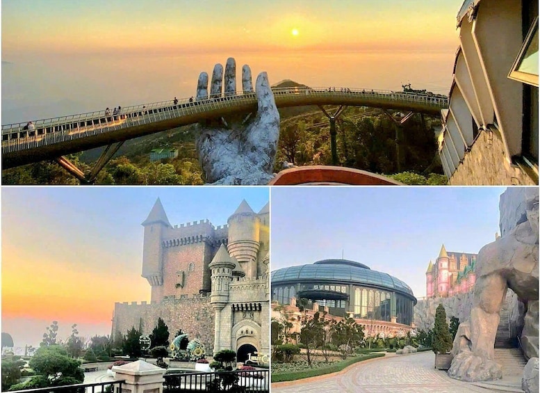A bridge, a castle, a glass building, and a rock formation. 4