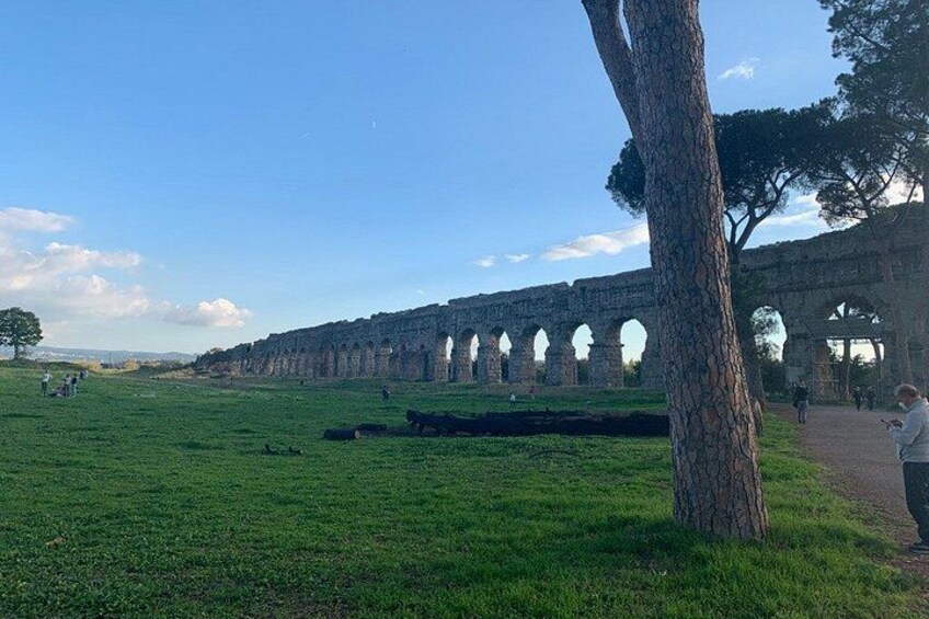 A grassy field with a large tree and a stone bridge with arches. 2