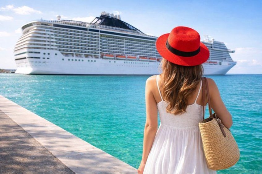 Une femme vêtue d’une robe blanche et d’un chapeau rouge se tient au bord de l’eau, observant un grand navire de croisière. 3