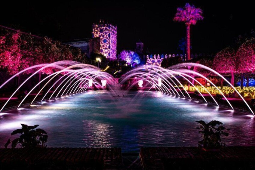 A nighttime fountain with water arches illuminated by pink and blue lights, surrounded by trees and a building with colorful lights. 1