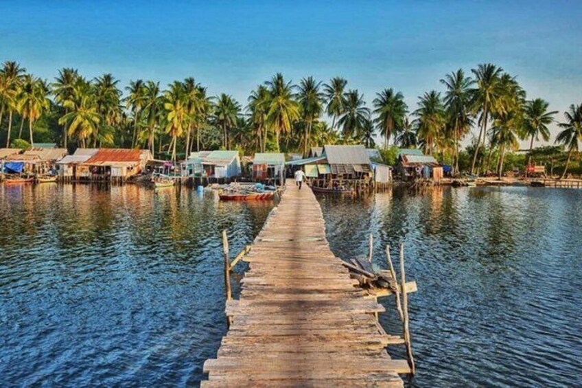 A wooden pier extending into calm waters, surrounded by palm trees and small buildings. 5