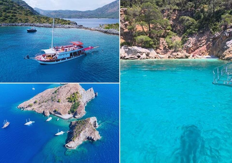 A boat on a turquoise sea, rocky islands, and clear water. 1