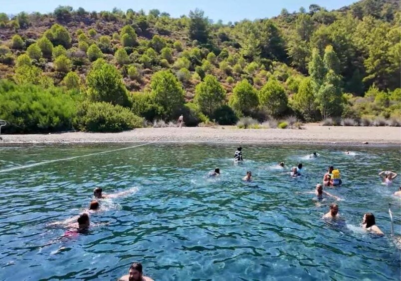 People swimming in a clear blue body of water surrounded by green vegetation and hills. 4