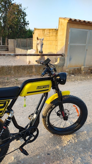 A yellow and black motorcycle parked on a gravel surface with a horse in the background. 3