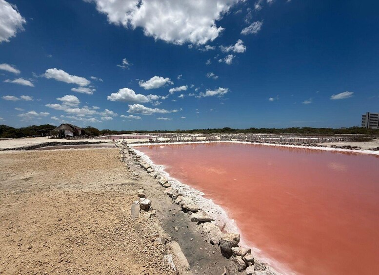 A salt flat with pink water, a thatched-roof structure, and a distant building. 5
