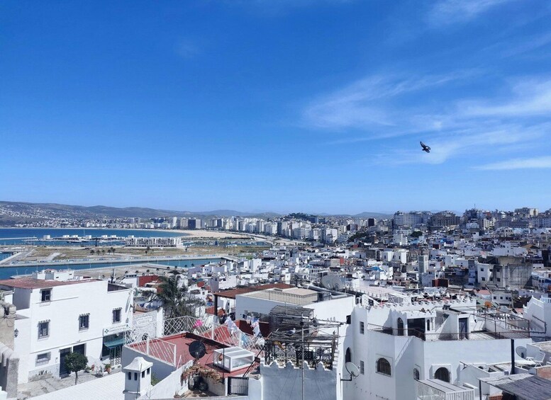 A coastal cityscape with white buildings, a beach, and a clear blue sky. 4