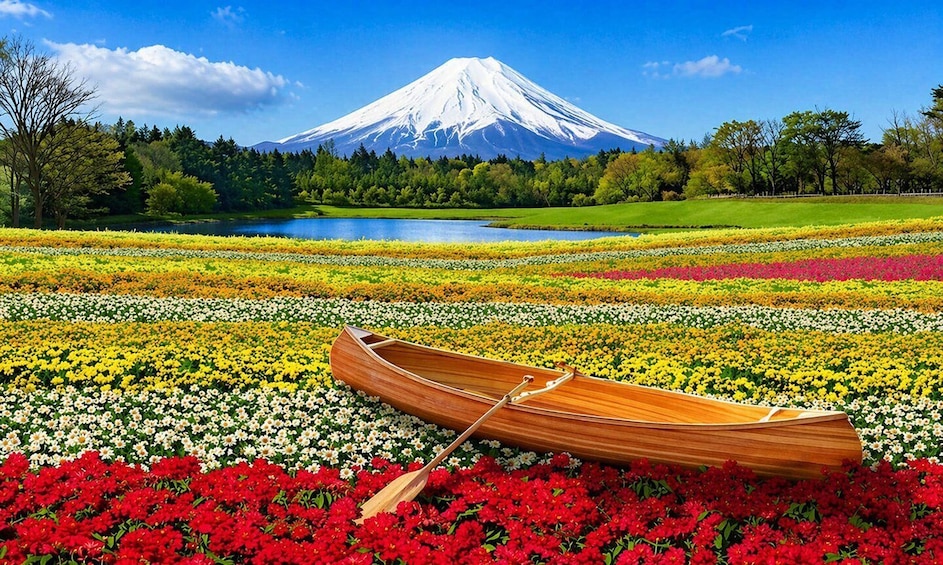 A wooden boat on a flower field with a mountain in the background. 4
