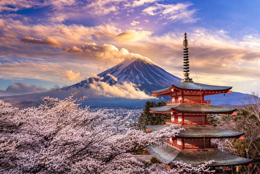 A traditional Japanese pagoda with cherry blossoms in the foreground and Mount Fuji in the background. 3