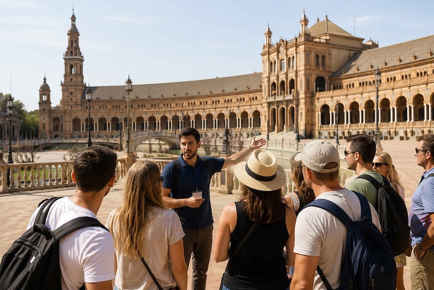 A group of people standing in front of a historic building with arches and a central tower. 2