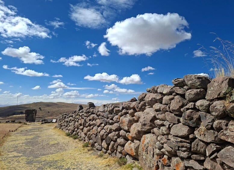 A stone wall, dry grass, and a clear blue sky with clouds. 3