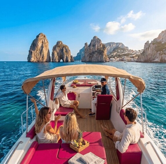 A boat with passengers enjoying the sea view, surrounded by rocky cliffs. 1