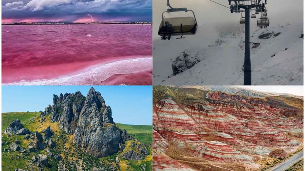 A pink-hued sea, a snowy mountain with a ski lift, a rocky mountain peak, and layered rock formations. 1