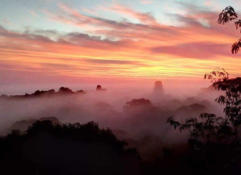 A sunrise over a misty landscape with silhouetted trees and distant rock formations. 5