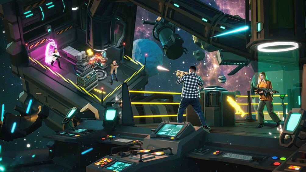 A space station interior with control panels, a person in a checkered shirt, and another holding a weapon. 4