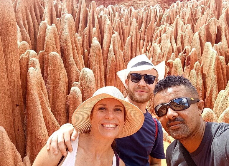 A group of people standing in front of a unique geological formation with tall, columnar structures. 3