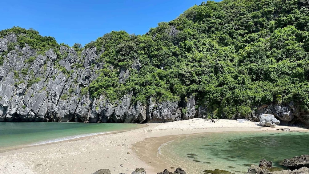 A beach with clear turquoise water, a sandy shore, and a rocky cliff covered in dense green foliage. 1