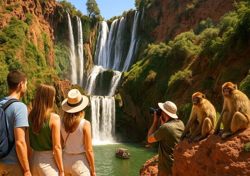 A waterfall, tourists, a boat, and monkeys. 4