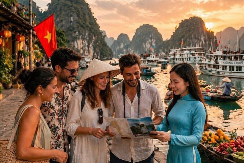 A group of people standing on a street with a flag, boats, and a mountainous landscape in the background. 2