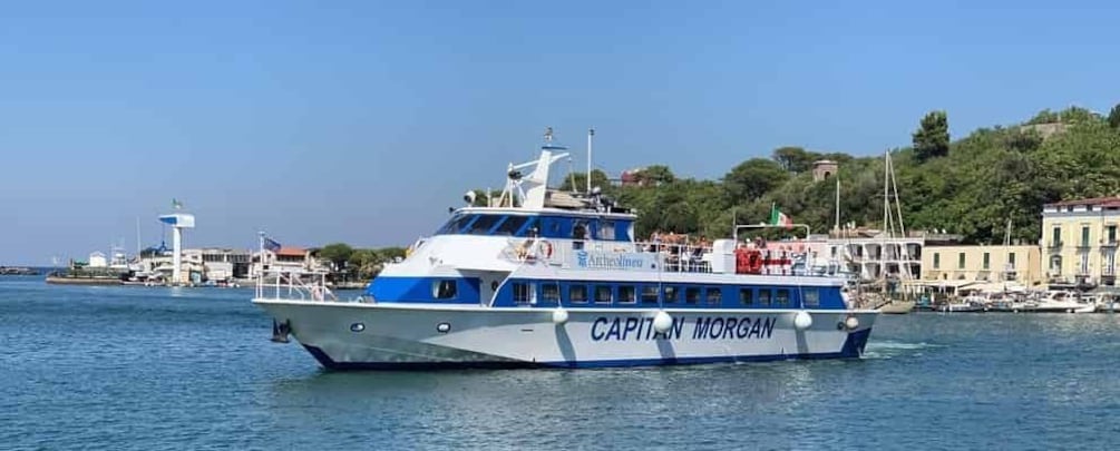 A ferry named 'CAPTAIN MORGAN' on a body of water with buildings and trees in the background. 5