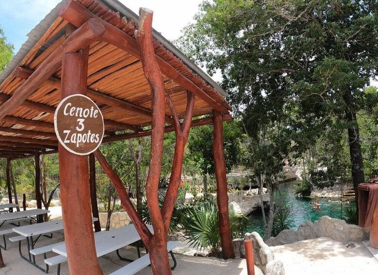 A wooden pavilion labeled 'Cenote 3 Zapotes' with picnic tables, surrounded by lush greenery and a clear pool. 3