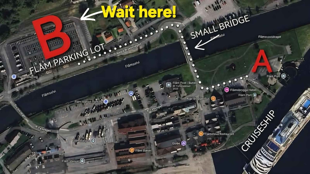 A map with marked locations 'A' and 'B', a 'FLAM PARKING LOT', a 'SMALL BRIDGE', and a 'CRUISESHIP'. 2
