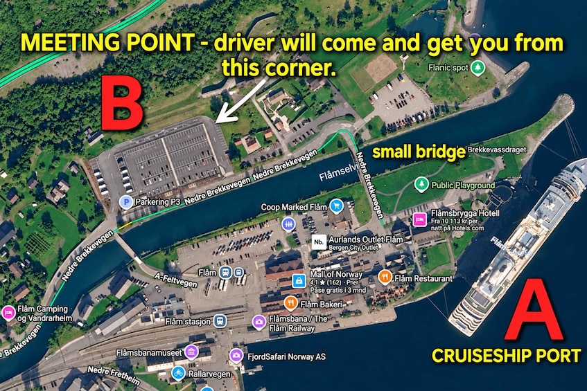 A map with a meeting point marked by a large red 'B' and a small bridge labeled 'Brekkevegen'. 2