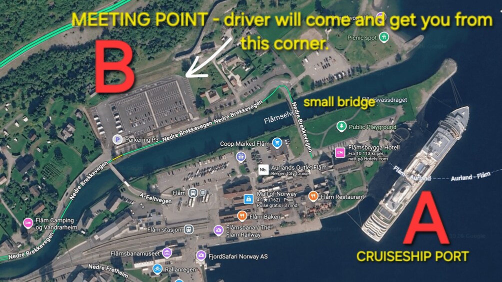 A map with a marked meeting point, cruise ship port, and various landmarks like a museum, restaurant, and camping area. 2
