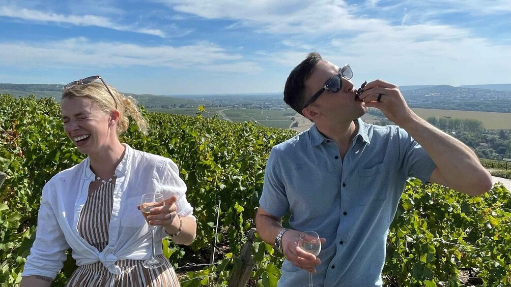 Two people in a vineyard with a scenic view of the countryside. 5
