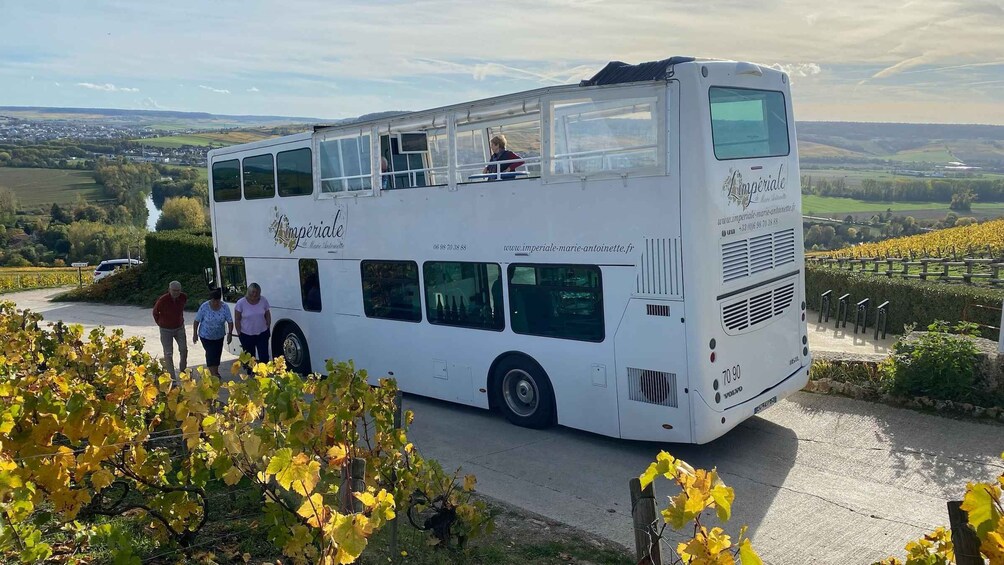 A double-decker bus parked on a rural road with vineyards in the foreground. 1