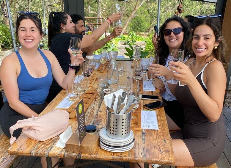 A group of people sitting at a wooden table outdoors, holding wine glasses. 1