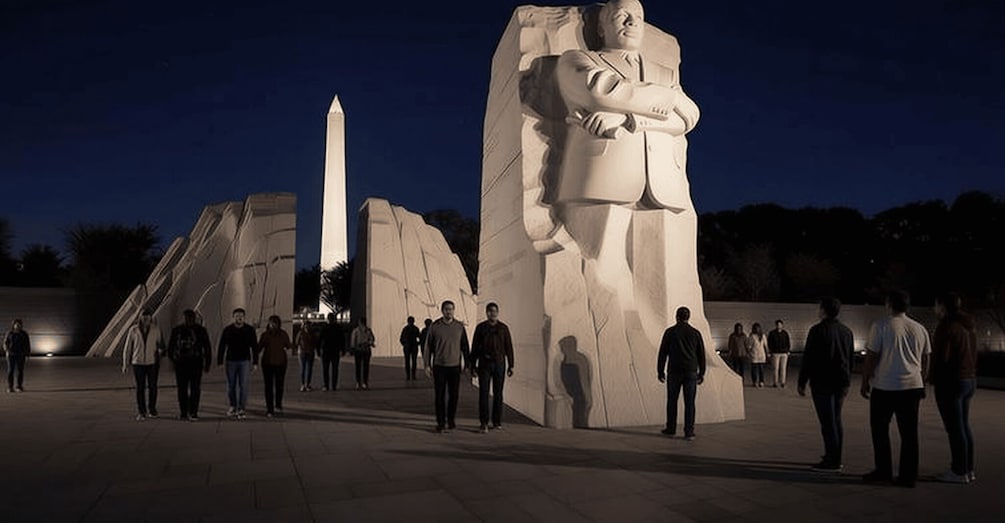A large sculpture of a man with arms crossed, a tall obelisk, and a pyramid-like structure in the background. 2