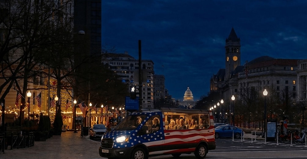 A city street at dusk with a parade float decorated with the American flag, a historic building with a clock tower, and a capitol building in the background. 4