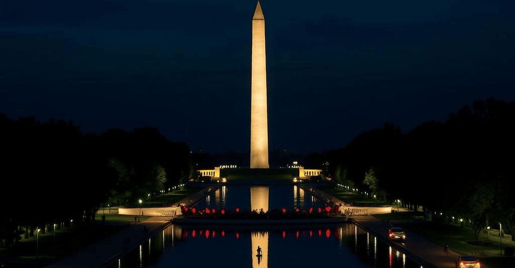 The Washington Monument at night with its reflection in the water. 5