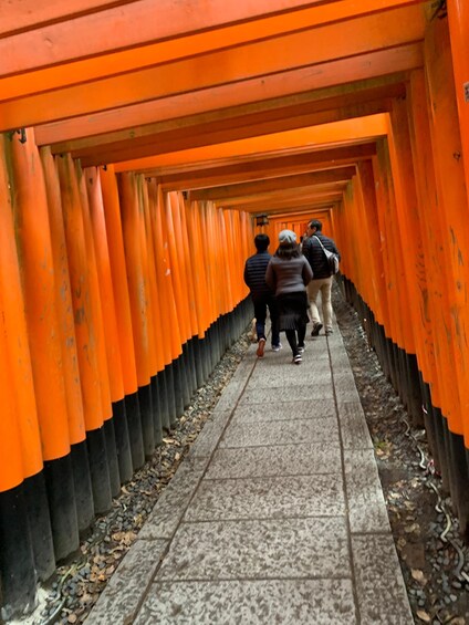 A pathway lined with orange torii gates leading into a shrine. 5