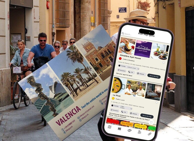 A person holding a sign for Valencia and a smartphone displaying a travel app with restaurant listings. 4