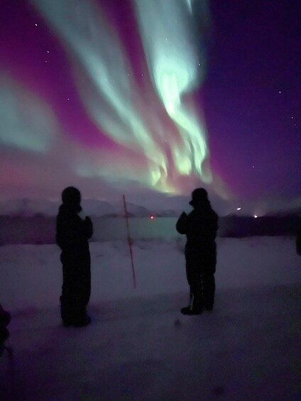 Two people observing the Northern Lights in a snowy landscape. 2