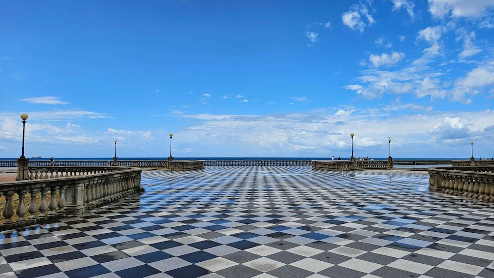 A checkered promenade leading to a pier with a clear blue sky. 1
