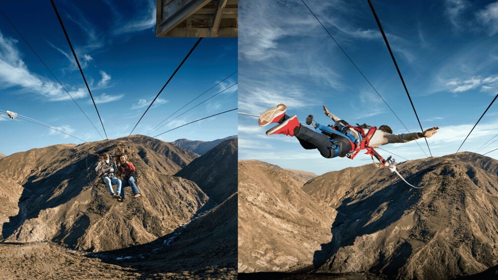 A person skydiving with a parachute over a mountainous landscape. 1