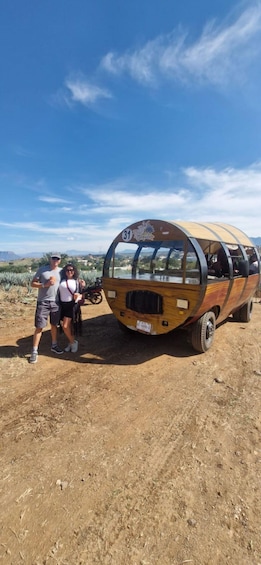 A wooden bus with a curved roof parked on a dirt road, surrounded by dry vegetation and a clear blue sky. 1