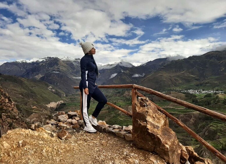 A person standing on a rocky outcrop with a mountainous landscape in the background. 4